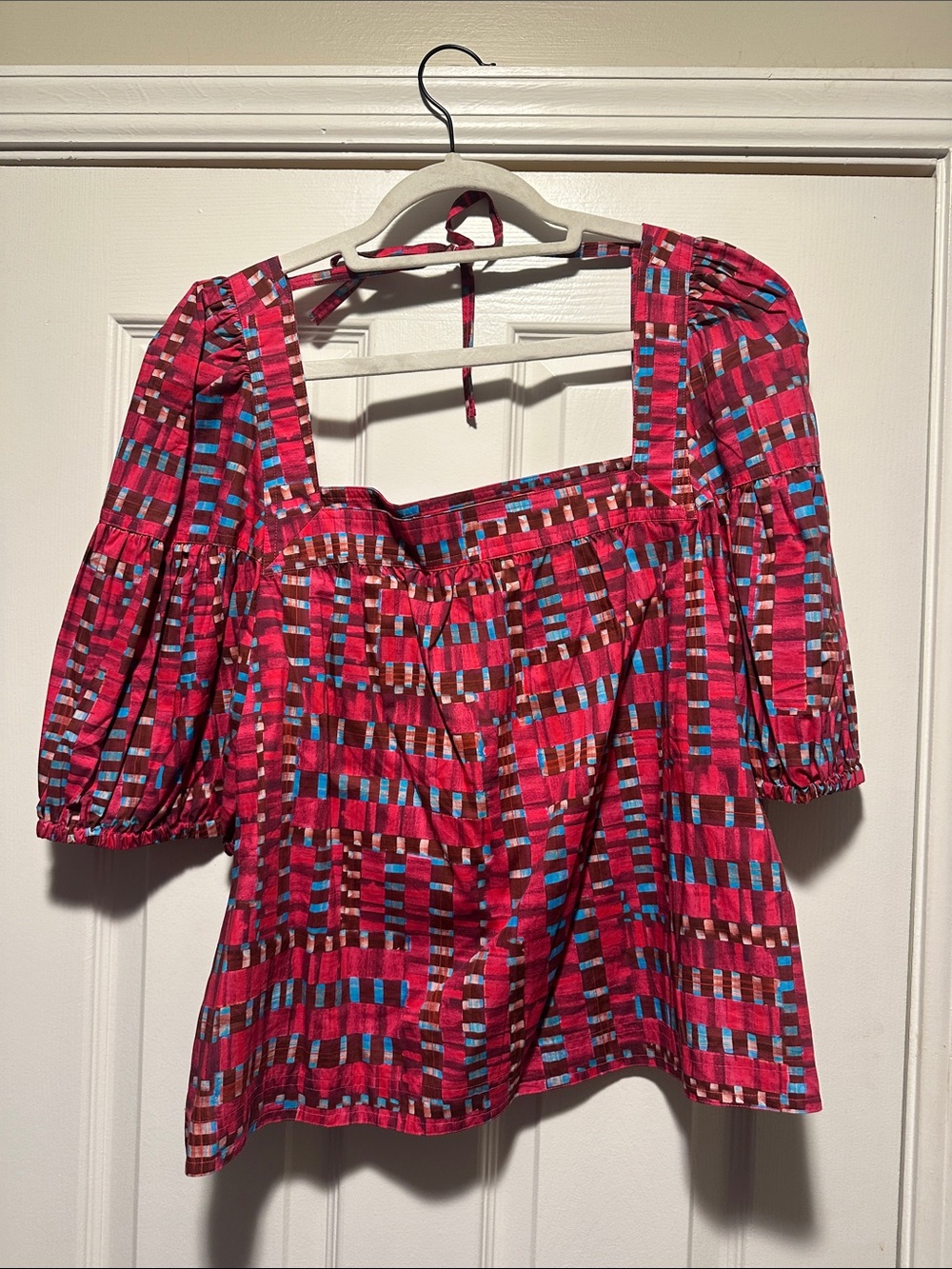 Marie Oliver Red Multi-Checker Square-Neck Blouse